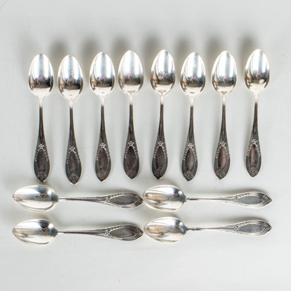 KAFFESKEDAR, 12 st, silver, 1900-tal, tot vikt ca 214 g