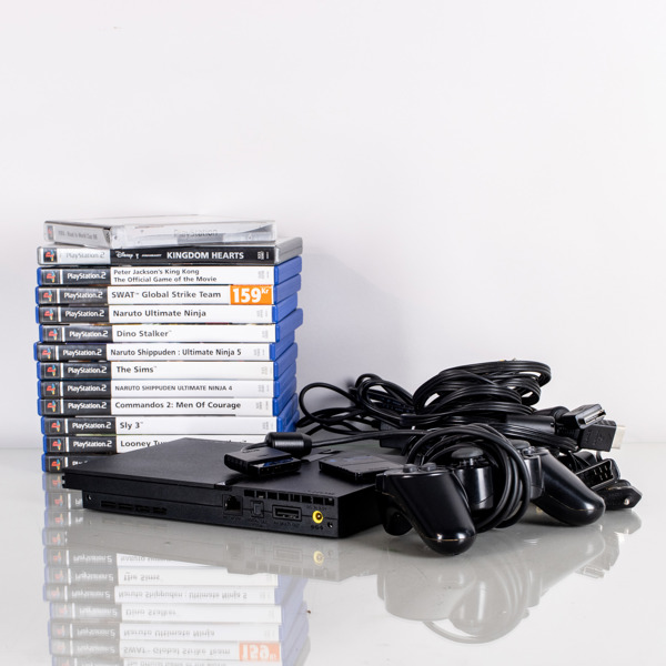 SPELKONSOL, Playstation 2 slim, Sony, med 12 spel