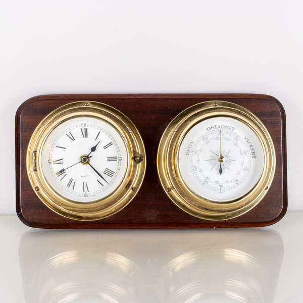 BAROMETER OCH KLOCKA, mässing och trä, 1900-/2000-tal