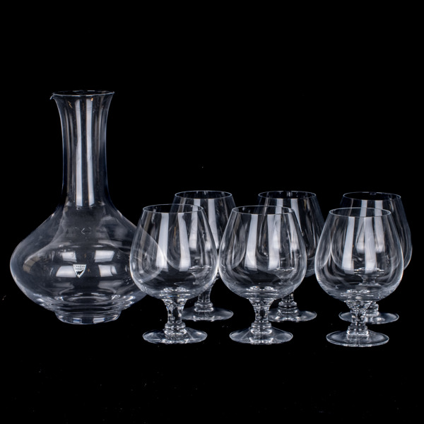 KONJAKSKUPOR SAMT KARAFF, 7 del, glas, Orrefors, 1900-/2000-tal