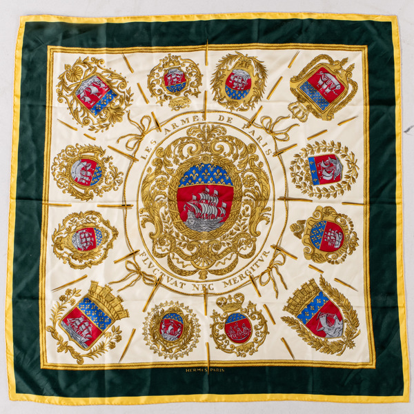 HERMÈS, scarf, siden, "Les armes de Paris", design av Hugo Grygkar 1954