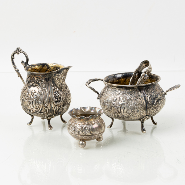 SOCKERSKÅL, GRÄDDKANNA, SKÅL OCH SOCKERTÅNG, silver, sannolikt tidigt 1900-tal, tot vikt ca 175 g