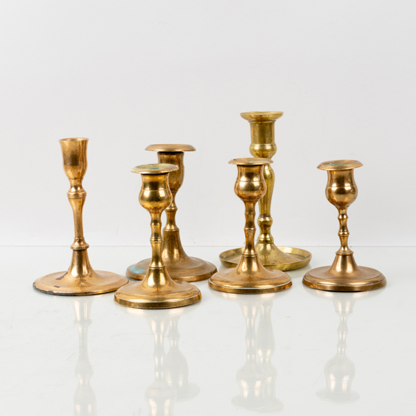 SAMLING LJUSSTAKAR, 6 st, mässing, 1800-/1900-tal