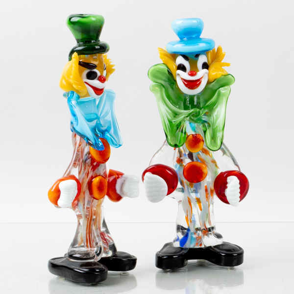 FIGURER, 2 st, glas, clowner, Murano, Italien, 1900-talets andra hälft
