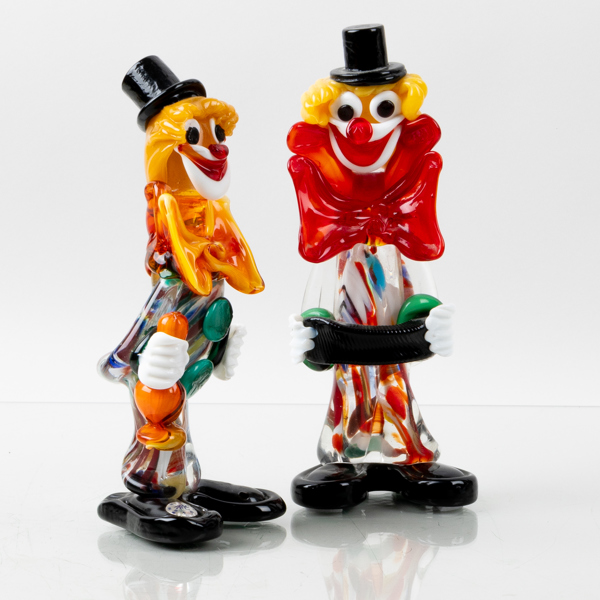 FIGURER, 2 st, glas, clowner, Murano, Italien, 1900-talets andra hälft