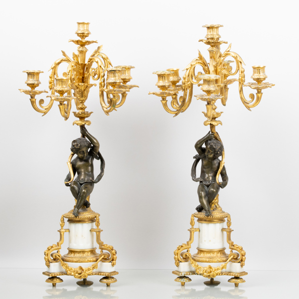 KANDELABRAR, 1 par, brons och marmor, 1800-talets andra hälft