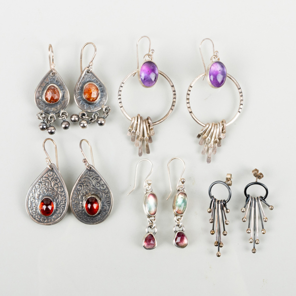 ÖRHÄNGEN, 5 par, sterlingsilver, med ädelstenar, 1900-/2000-tal