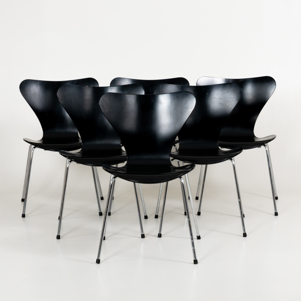 ARNE JACOBSEN, 6 st stolar, "Sjuan", Fritz Hansen, år 1996