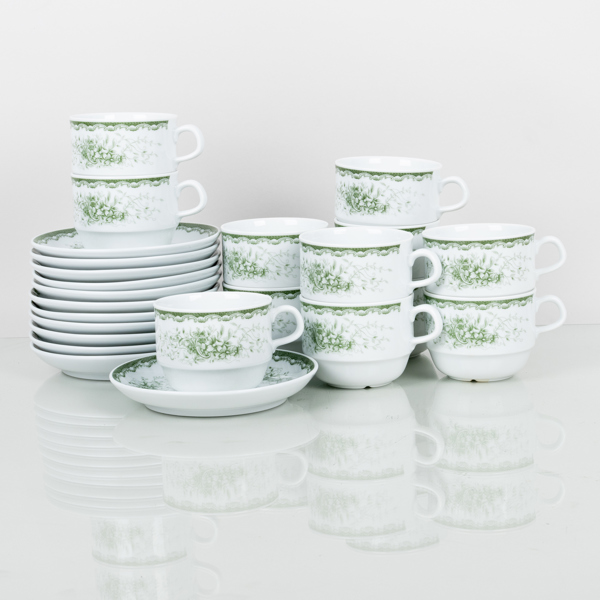 KAFFEKOPPAR MED FAT, 12 st, "Grön Anna", Rörstrand, 1900-/2000-tal