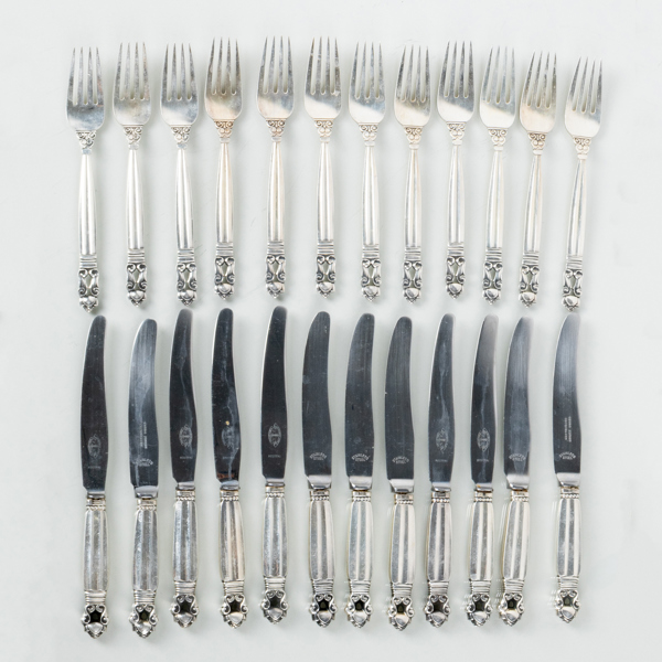 JOHAN ROHDE, 24 del, bestickuppsättning, sterlingsilver, "Konge / Acorn", Georg Jensen, Danmark