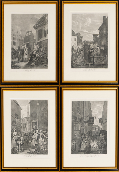 GRAVYRER, 4 st, efter William Hogarth, ur serien "Four times of the day"