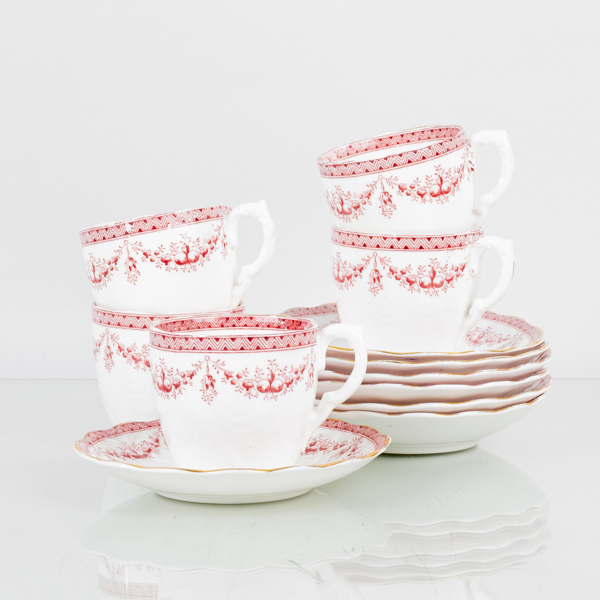 KAFFEKOPPAR MED FAT, 5 st, porslin, "Empire", Gustafsberg, tidigt 1900-tal