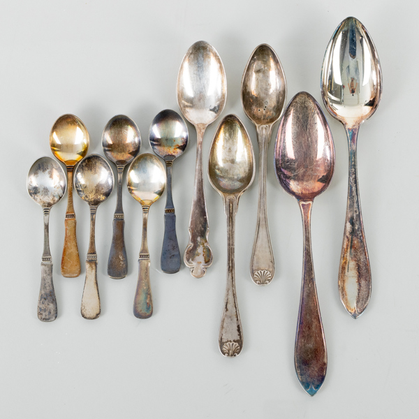 SAMLING SKEDAR, 11 st, silver, 1800-/1900-tal, tot vikt ca 200 g