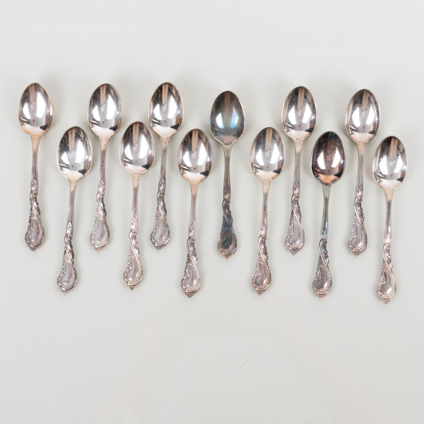 KAFFESKEDAR, 12 st, silver, GAB, 1957, tot vikt ca 210 g