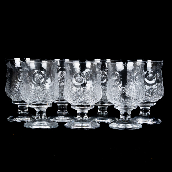 LARS HELLSTEN, 7 st, vinglas, glas, "Påfågel", Orrefors