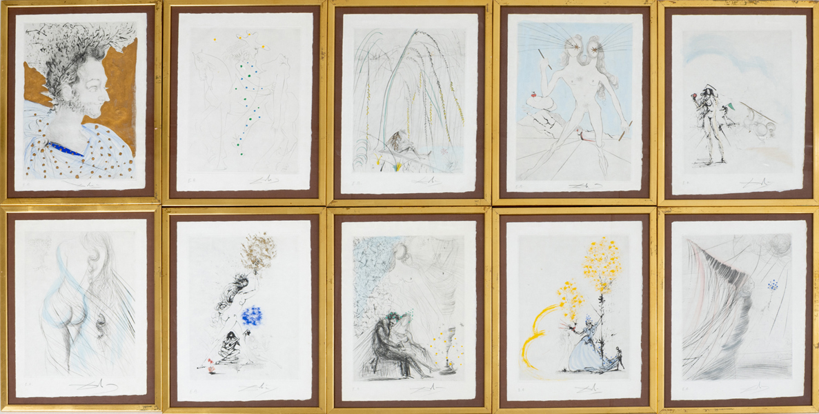 SALVADOR DALÍ (1904-1989), 10 st, etsning och torrnål med handkolorering i akvarell, "Les Amours de Cassandre", 1968, signerade samt med blindsignatur