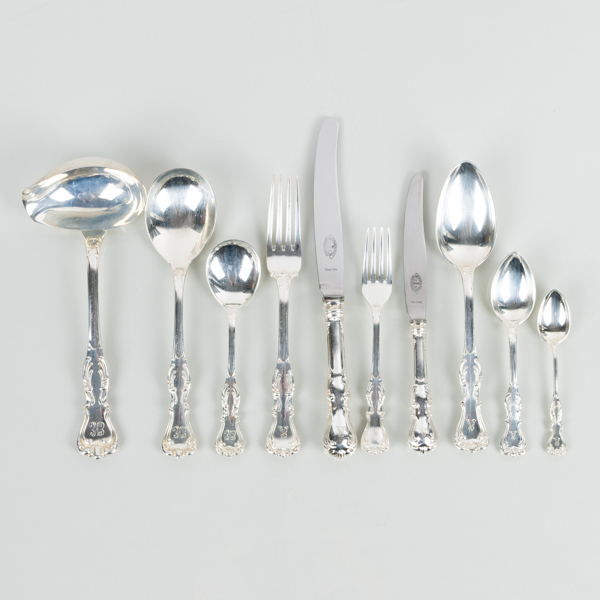BESTICKUPPSÄTTNING, 57 del, silver, "Prins Albert", CG Hallberg, Stockholm 1949, tot vikt inkl knivar ca 2 115 g 