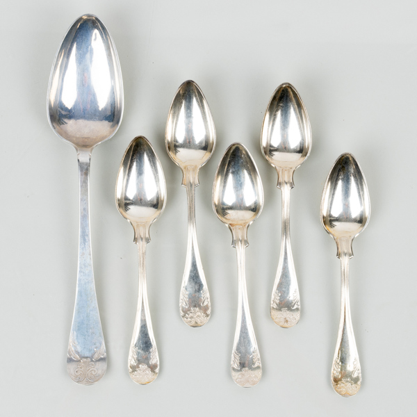 MATSKED SAMT KAFFESKEDAR, 5 st, silver, AME 1873 samt JWH 1890, tot vikt ca 145 g