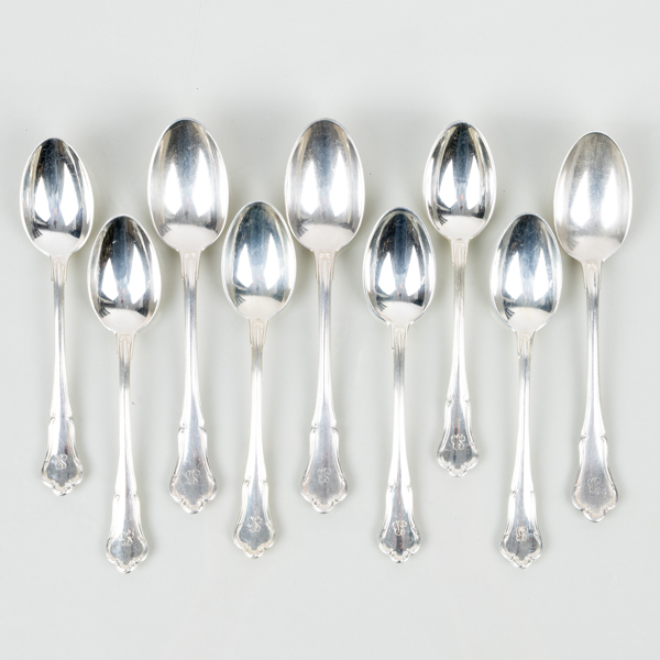 KAFFESKEDAR, 9 st, silver, 1946, tot vikt ca 190 g