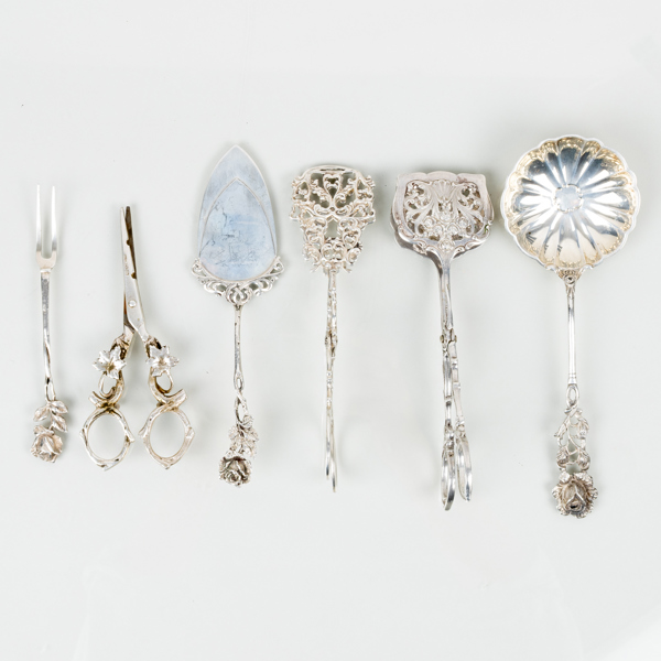SILVERBESTICK, 6 del, silver, 1900-talets första hälft, tot vikt ca 210 g