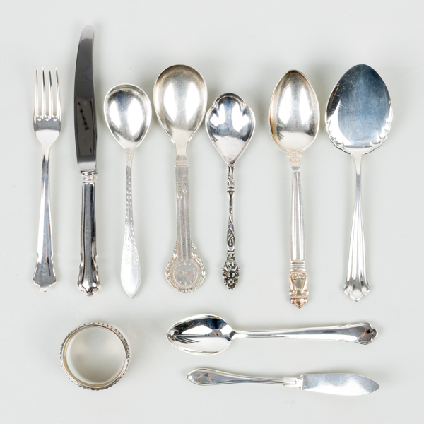 SAMLING SILVERBESTICK, 10 del, silver, 1900-tal, tot vikt exkl kniv ca 180 g