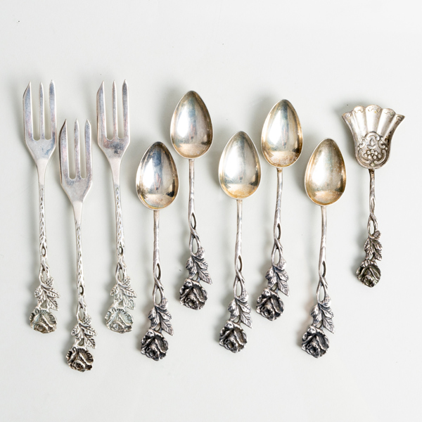BESTICK, 9 del, silver, "Rosen", GEWE, 1900-talets mitt, tot vikt ca 115 g