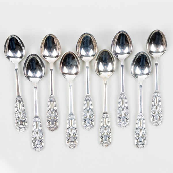 KAFFESKEDAR, 9 st, silver, "Dala", GAB, 1994, tot vikt ca 120 g