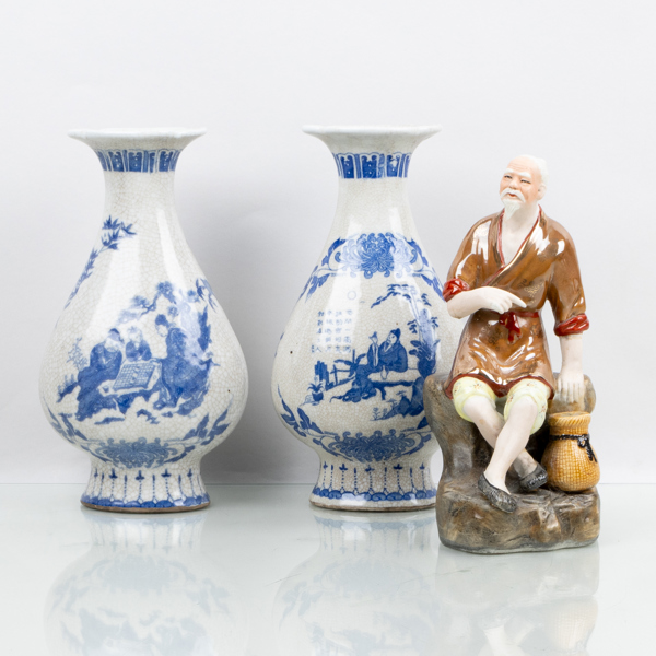 FIGUR OCH VASER, 3 del, keramik, asiatiska, 1900-/2000-tal