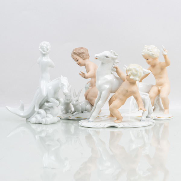 FIGURINER, 4 st, porslin, Rörstrand, Schaubachkunst och Wallendorf, 1900-talets mitt
