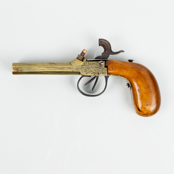 SLAGLÅSPISTOL, dubbelpipig, mässing, Belgien, 1800-talets första hälft