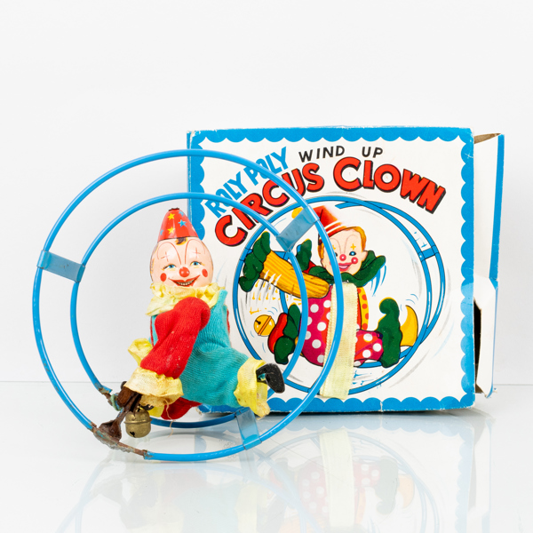 LEKSAK, metall och textil, "Circus clown", Roly Poly wind up, 1900-talets mitt