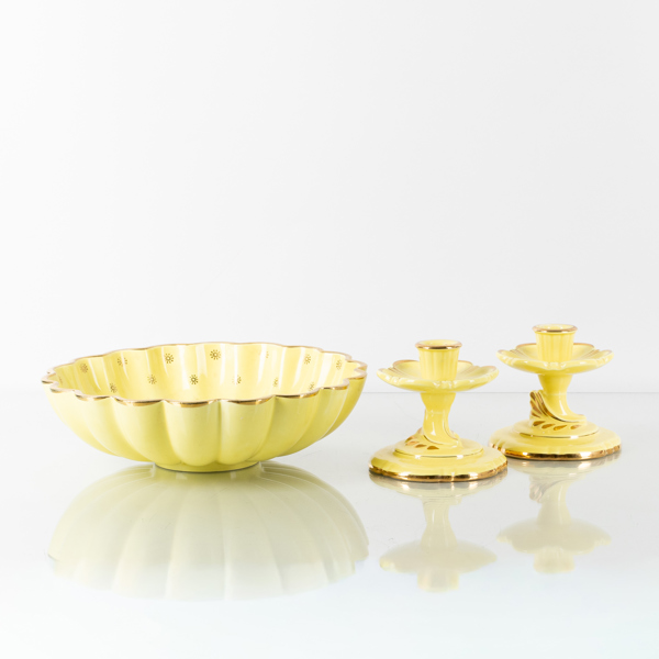 ARTHUR PERCY, skål och 1 par ljusstakar, flintgods, "Neapel", Gefle, 1900-talets första hälft