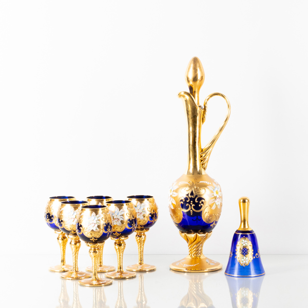 LIKÖRSERVIS, 9 del, glas, blått glas, 1900-talets andra hälft