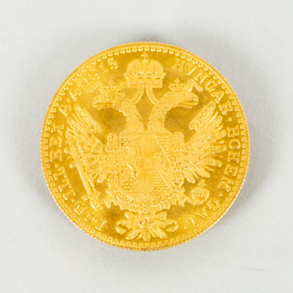 MYNT, 1 dukat, Franz Josef I, Österrike-Ungern, 1915, minst 21,6k guld, vikt ca 3,5 g
