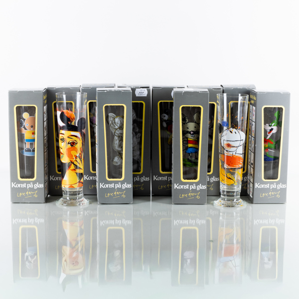 ÖLGLAS, 12 st, glas, motiv efter Lasse Åberg, 1900-/2000-tal