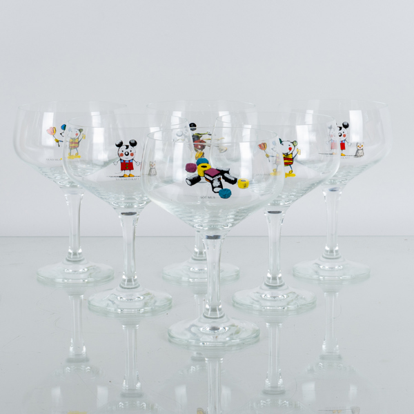 COUPEGLAS, 6 st, glas, motiv efter Lasse Åberg, 1900-/2000-tal