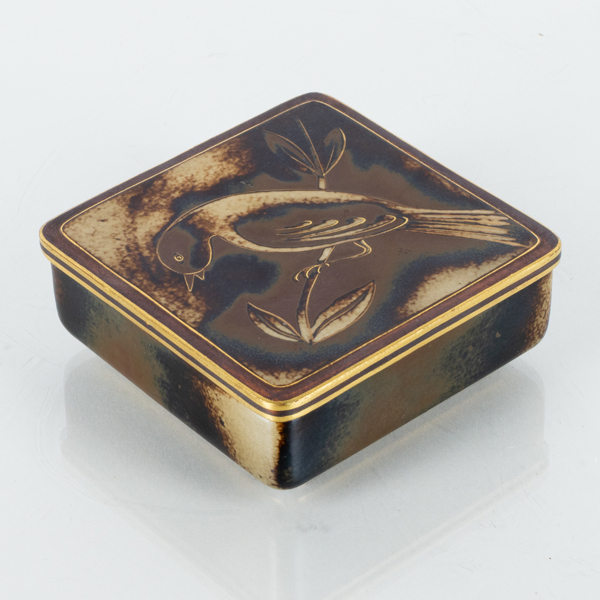 GUNNAR NYLUND, ask med lock, stengods, "Flambé", Rörstrand, unik