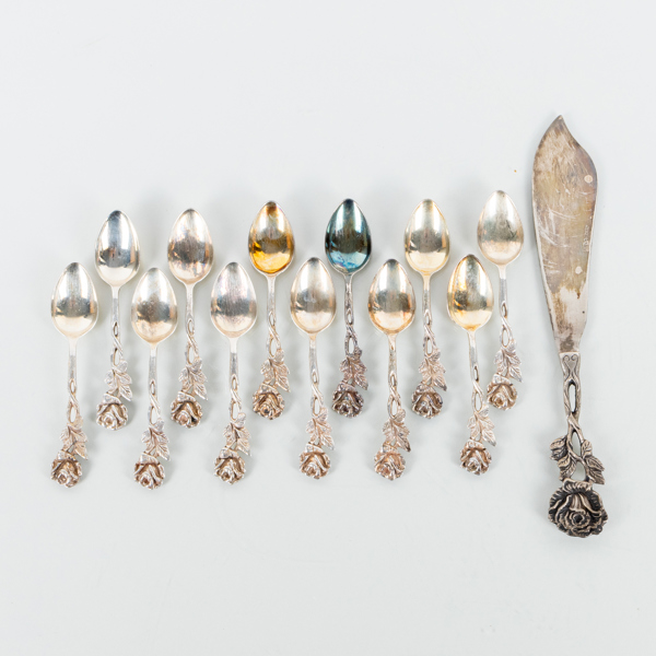 KAFFESKEDAR SAMT TÅRTSPADE, 13 del, silver, "Rosen", GEWE, 1950-/60-tal