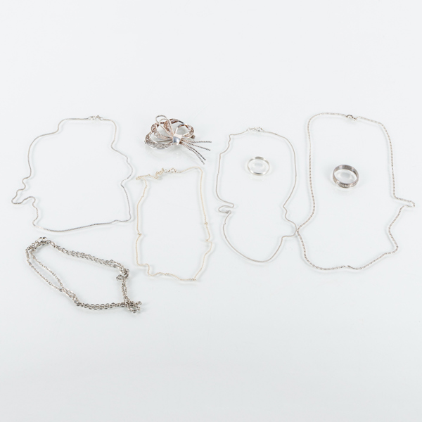 BROSCH,RINGAR OCH HALSKEDJOR, 8 del, silver, bla 1900-talets mitt