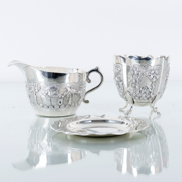 KANNA, SKÅL SAMT FAT, silver, 1900-tal, tot. vikt ca 200 g