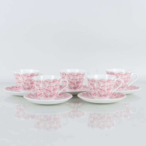 STIG LINDBERG, 5 st kaffekoppar med fat, benporslin, "Betula", Gustavsberg, 1950-tal