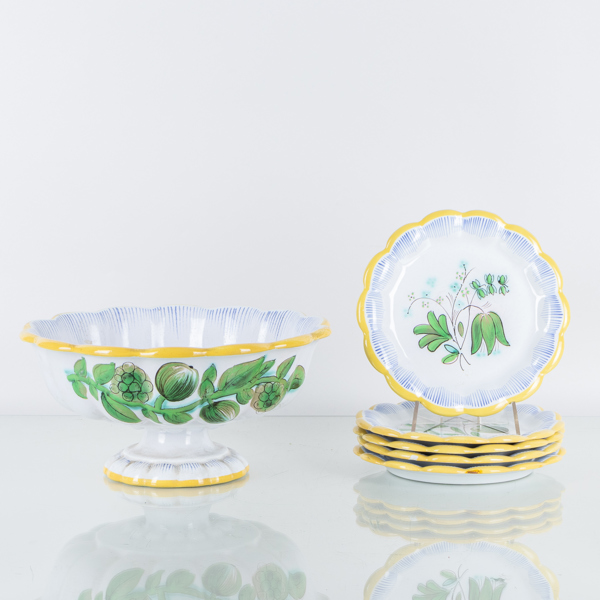 ARTHUR PERCY, skål på fot och assietter 5 st, keramik. "Percy", Gefle, 1900-talets första hälft