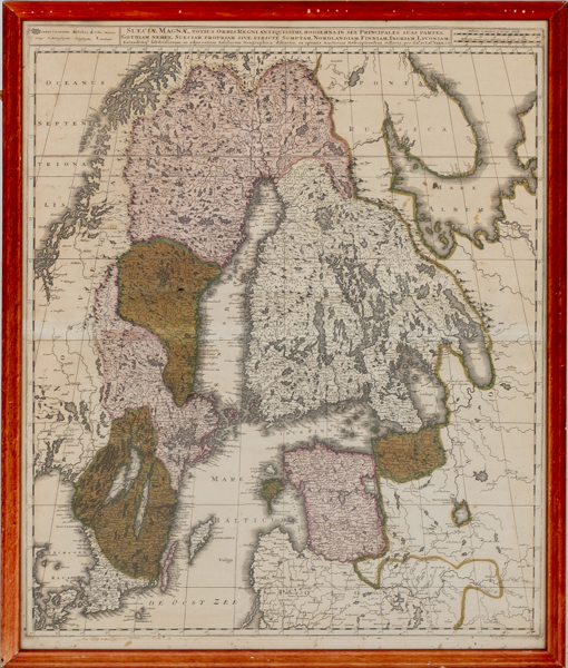 HANDKOLORERAD KARTA, Gerard & Leonard Valck, Sueciae Magnae, totius orbis regni antiquissimi, hodierna in sex principales suas partes. Amsterdam c. 1690.