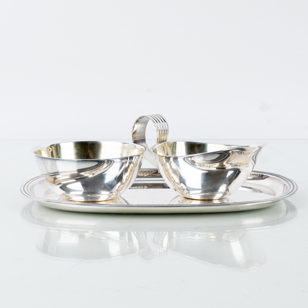 SOCKERSKÅL, GRÄDDKANNA OCH BRICKA, silver, CG Hallberg, 1954