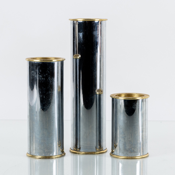 STAFFAN ENGLESSON, 3 st ljusstakar, vitmetall och mässing, "Cylinder 2000", för Engelsson, 1900-tal