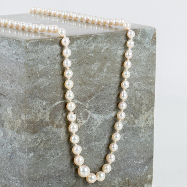 PÄRLCOLLIER, odlade doserade pärlor, lås av silver, sannolikt 1900-talets andra hälft