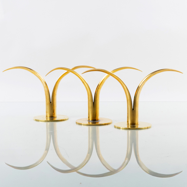 IVAR ÅLENIUS BJÖRK, 3 st, ljusstakar, mässing, "Liljan", Ystad metall, 1900-talets andra hälft