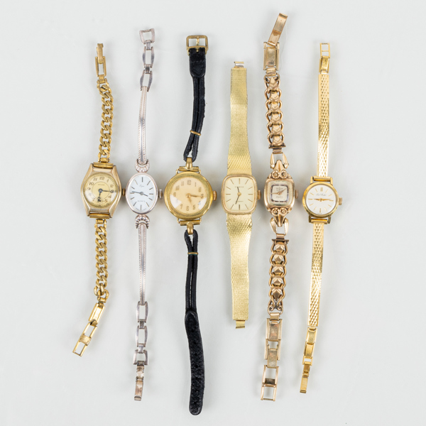 ARMBANDSUR, 6 st, gul- och vitmetall, bla Dugena, Mildia, Eiger, Paul Buhré, Perfecta, 1900-tal