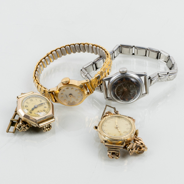 ARMBANDSUR, 4 st, gul- och vitmetall, bla Timex, Helima, 1900-tal