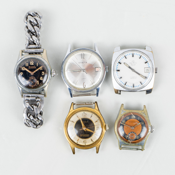 ARMBANDSUR, 5 st, vit- och gulmetall, bla Olma, Exacta, Runa, 1900-tal